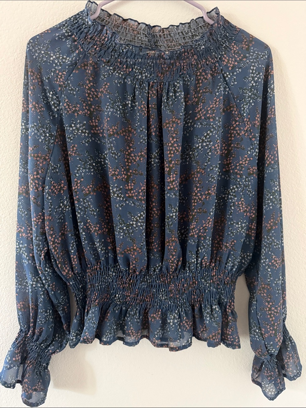Blush Navy Floral Smocked-Neck Blouse